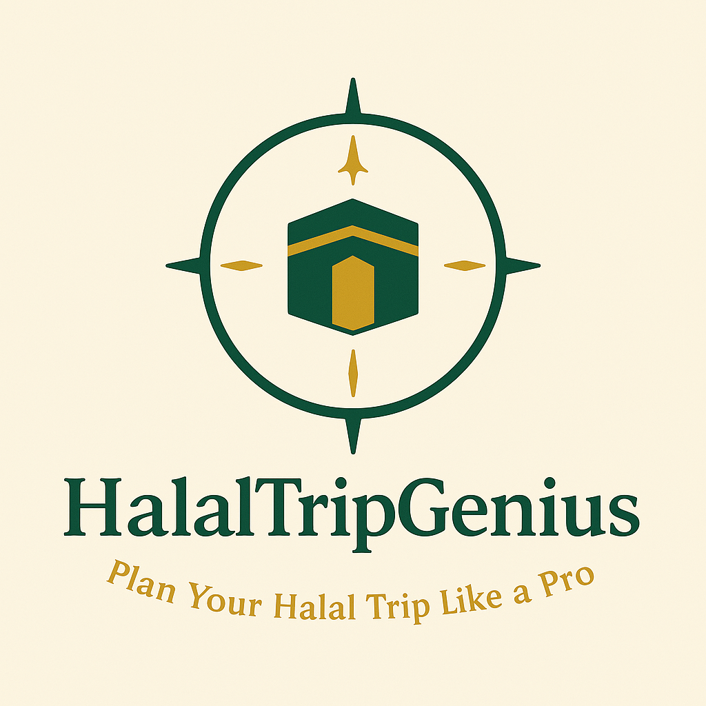 HalalTripGenius logo: A green compass with Kaaba center and gold directional needles, symbolizing halal travel guidance.